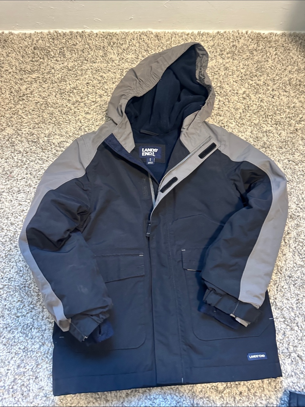 Lands' End Hooded Two-Tone Parka in Navy and Gray